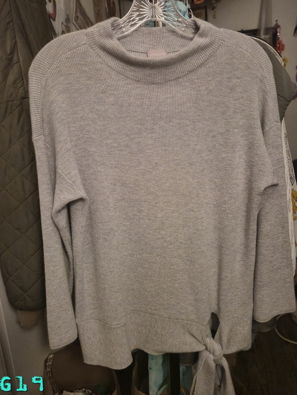 Chico's Sz 0 Light Gray Crewneck Tie-Hem Sweater 3/4 Sleeves